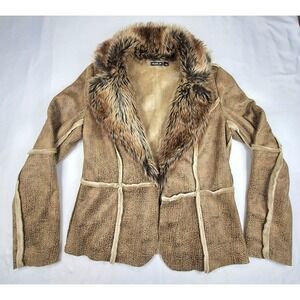 Allen B by Allen Schwartz Faux‎ Shearling Fur Collar Y2K Jacket Brown Tan Size L